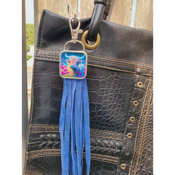 Handmade cow lover boho Leather Fringe Western bag charm, Long fringe keychain - Picture 3 of 5